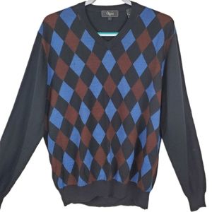 Villini Merino Wool Blend Black Argyle Vneck Sweater Knit L Mens Business Casual
